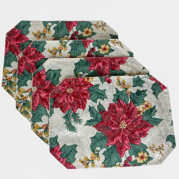 Poinsettia Christmas Placemats Set 4 Cloth Textured Red Green Octagon 16x12 - Picture 1 of 9